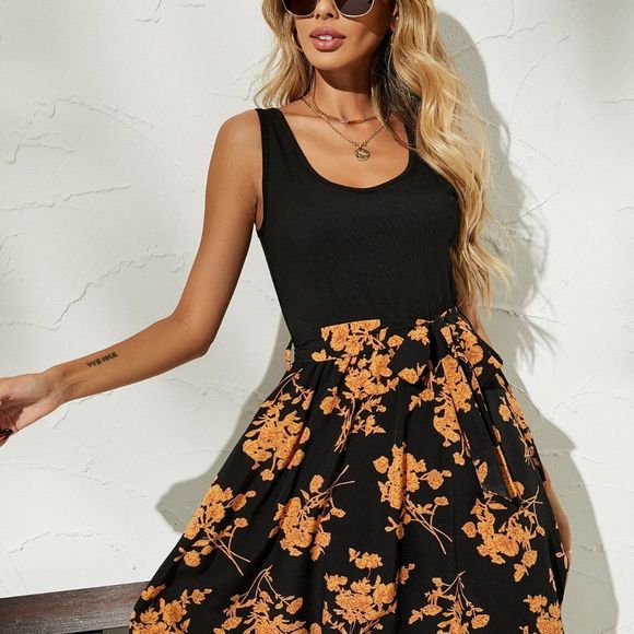 New Floral Print Belted Dress Black and Yellow Orange - Picture 4 of 6